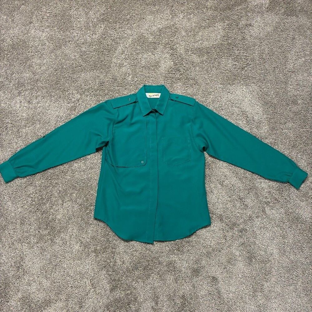 VTG Diane Von Furstenberg 80s Blouse Small Teal Retro Safari Camp Button Down